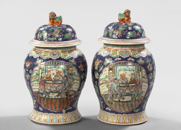 Appraisal: Large Pair of Kuang Hsu Elaborately Polychromed Porcelain Covered Vases