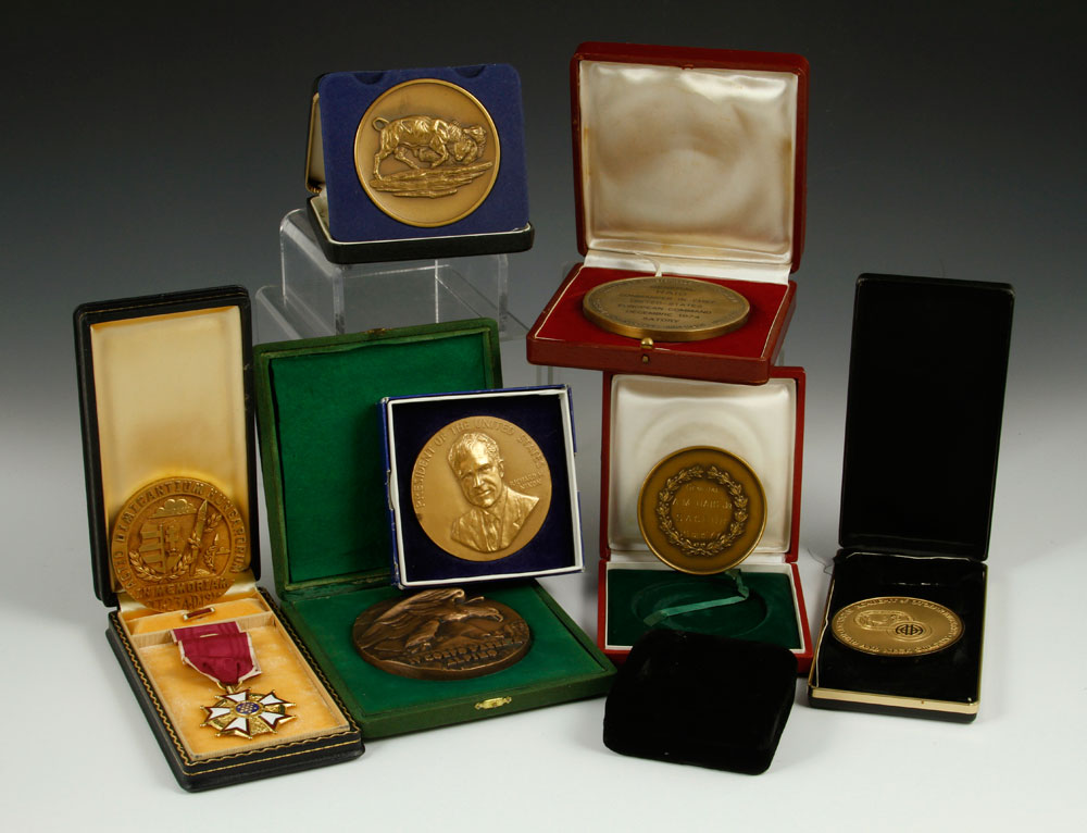 Appraisal: - Boxed Medallions Lot of eight boxed medallions brass and