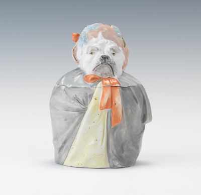 Appraisal: A Figural Tobacco Humidor of a Costumed Pug Bisque porcelain