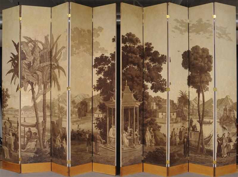 Appraisal: PAIR OF FRENCH GRISAILLE WALLPAPER SCREENS ZUBER Each of five