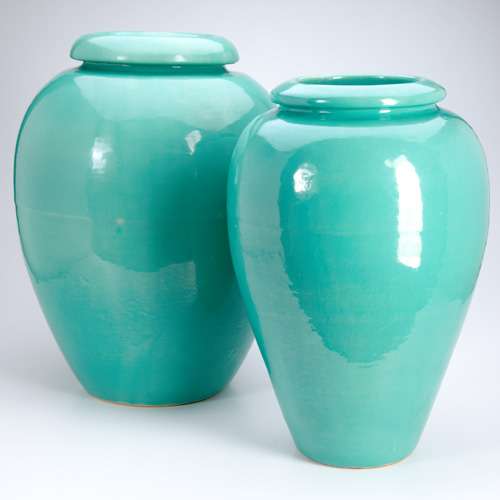 Appraisal: BAUER Two large oil jars in turquoise glaze A few