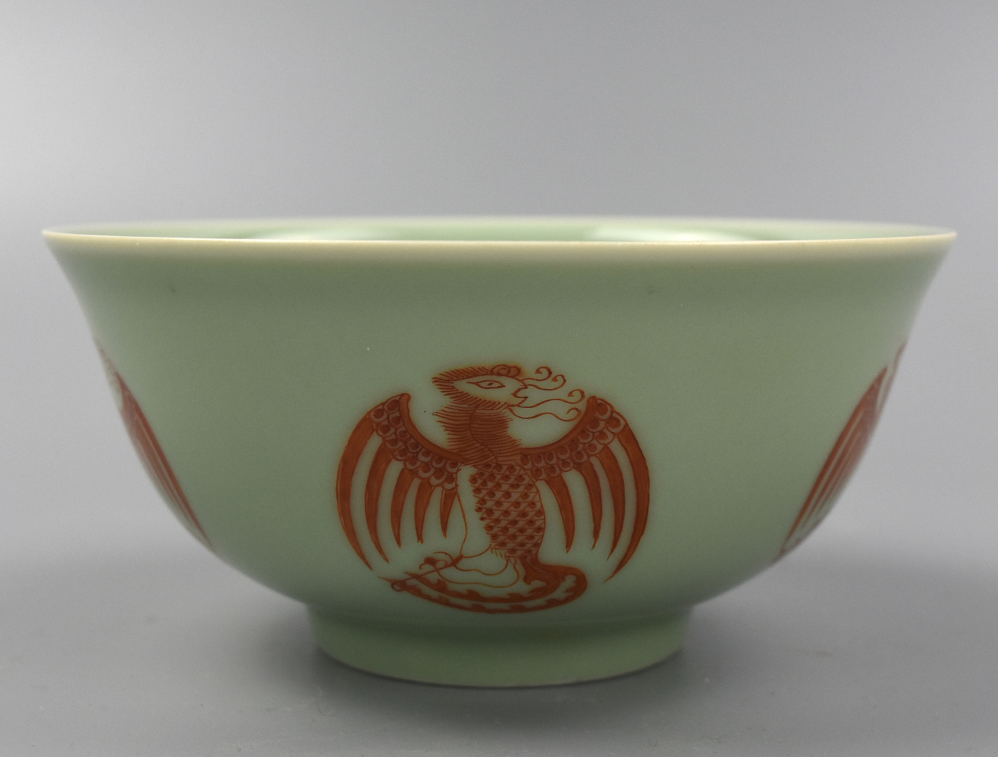 Appraisal: CELADON CORAL RED PHONEIX BOWL W DAOGUANG MARK Chinese celadon