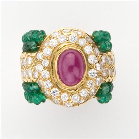 Appraisal: Cabochon Ruby Emerald Bead and Diamond Ring Estimate -