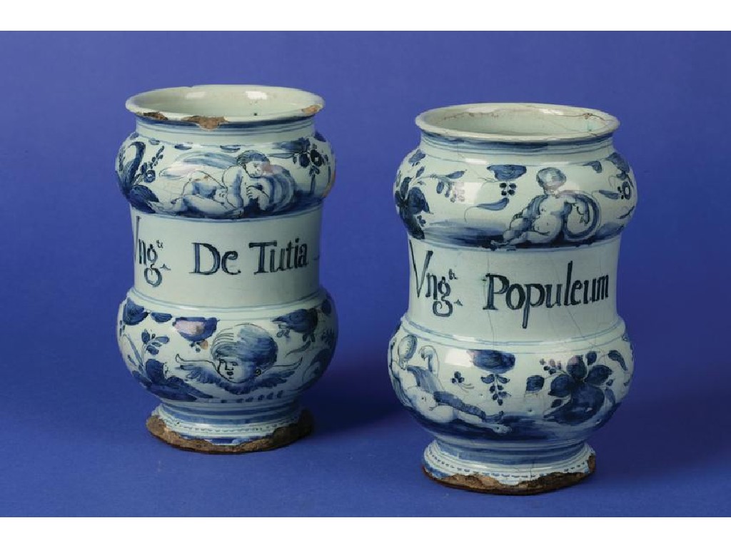 Appraisal: A DELFTWARE BLUE AND WHITE ALBARELLO the inscription Vng ti