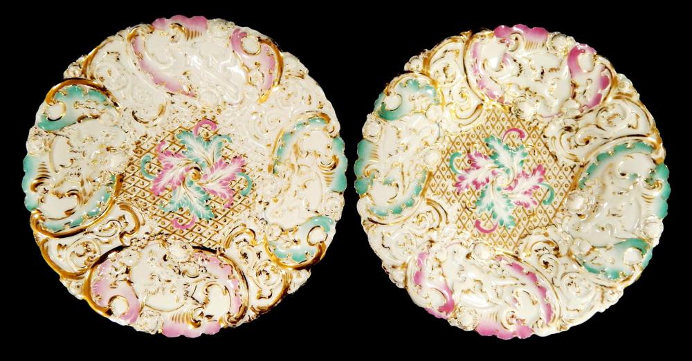 Appraisal: Pair of Meissen porcelain plates th C raised aqua pink