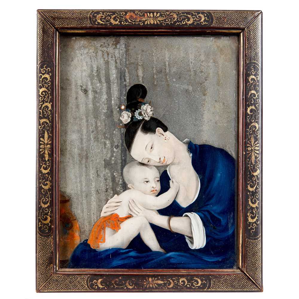 Appraisal: REVERSE GLASS MIRROR PAINTING OF MOTHER AND CHILD QING DYNASTY