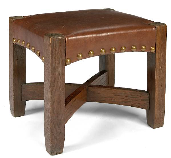 Appraisal: A Gustav Stickley oak and leather stool model circa height