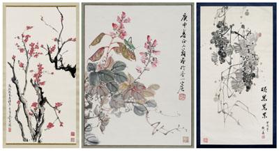 Appraisal: Three Chinese paintings ink and color on paper grasshopper and