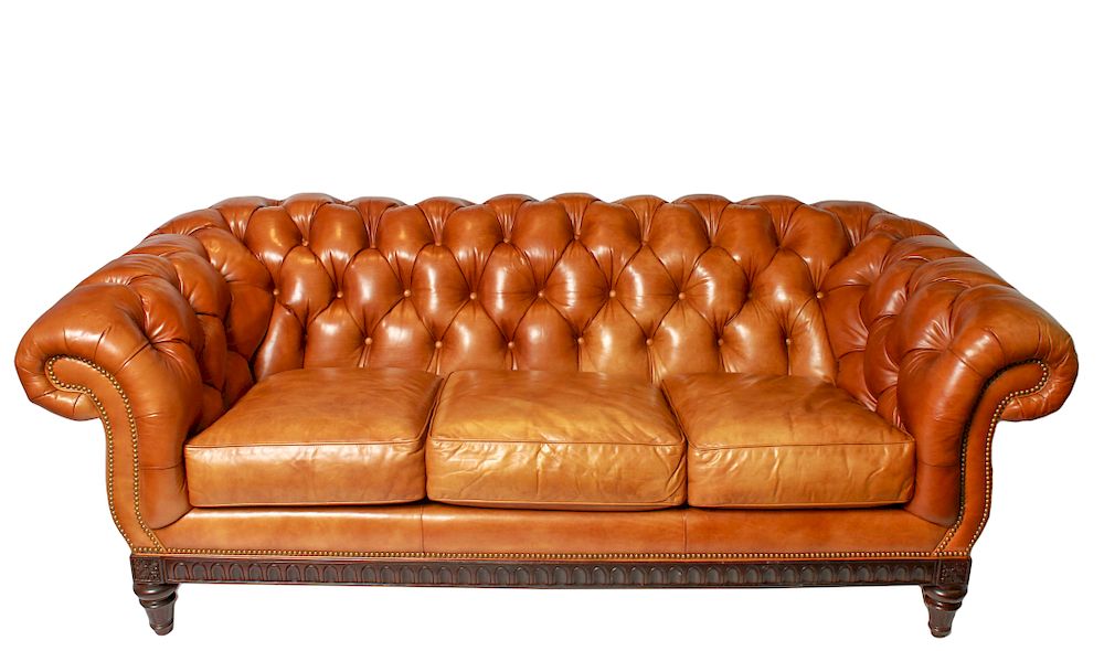 Appraisal: Chesterfield Tufted Leather Sofa Chesterfield tufted leather sofa with brass