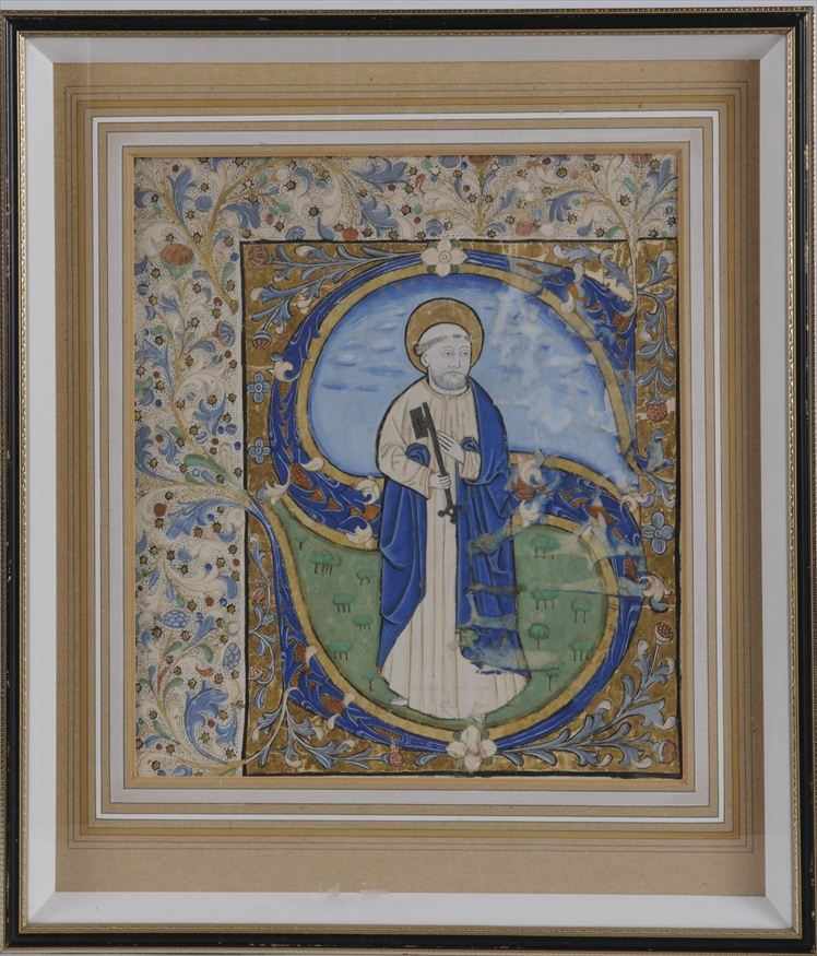 Appraisal: FRENCH TH-CENTURY ILLUMINATED MANUSCRIPT PAGE ON VELLUM Worked with St