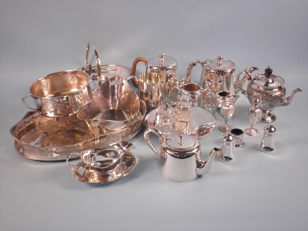 Appraisal: A silver plated bachelor type teapot a cruet a tray