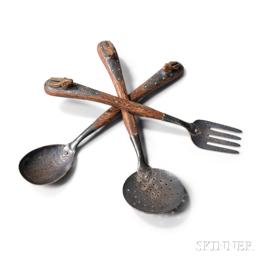 Appraisal: Joseph Heinrich Three-piece Serving Set Oak bronze sterling silver Paris