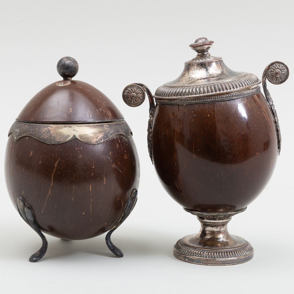 Appraisal: Two Silver Plate-Mounted Coconut Cups and Cover The first with