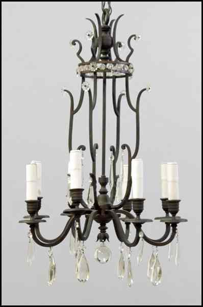 Appraisal: SCROLLED IRON AND CRYSTAL EIGHT-LIGHT CHANDELIER '' x '' Condition