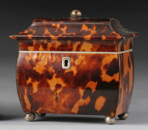 Appraisal: A Regency tortoiseshell tea caddy early th century Of sarcophagus