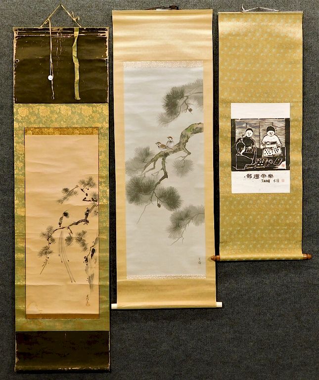 Appraisal: Japanese Birds and People Hanging Wall Scrolls Japan th Century