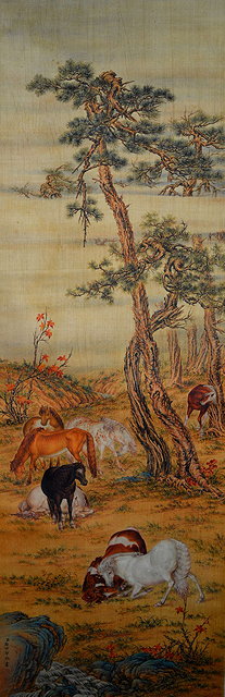 Appraisal: A Chinese scroll th th Centuryhorses in a landscape beneath