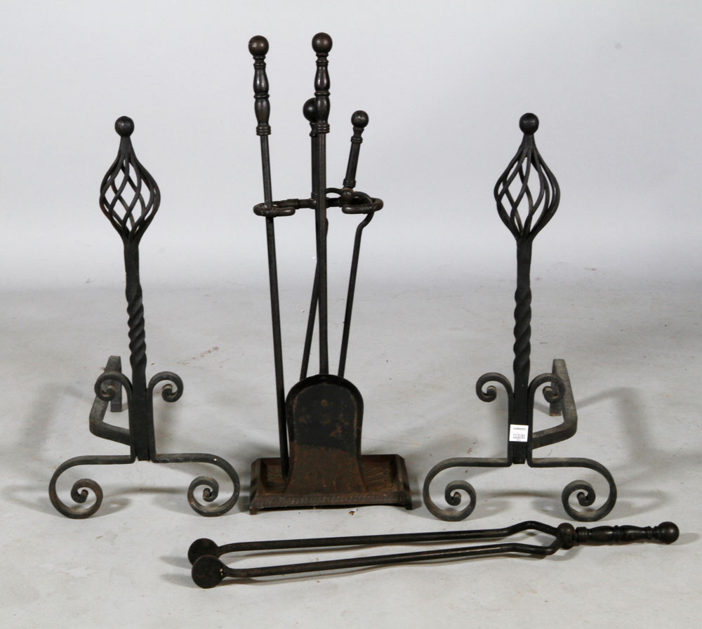 Appraisal: - Wrought Iron Andirons Andirons and fireplace tools wrought iron