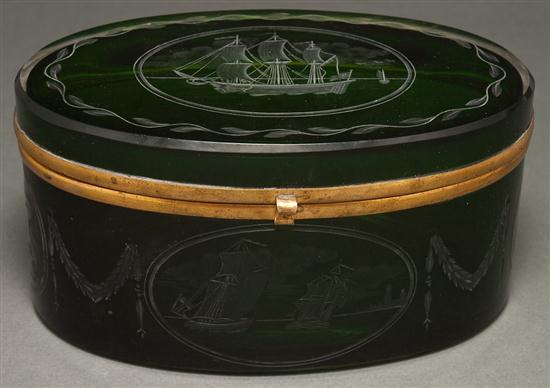 Appraisal: Continental gilt metal-mounted etched emerald glass oval dresser box late