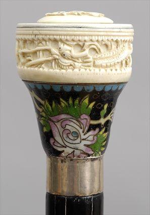 Appraisal: STAINED WALNUT WALKING STICK WITH CHINESE CLOISONN AND CARVED IVORY