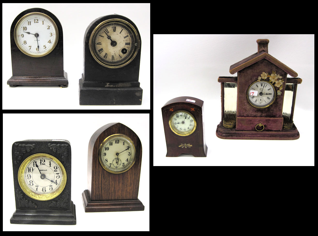 Appraisal: SIX SMALL SHELF CLOCKS H Waterbury house-like dressing table clock