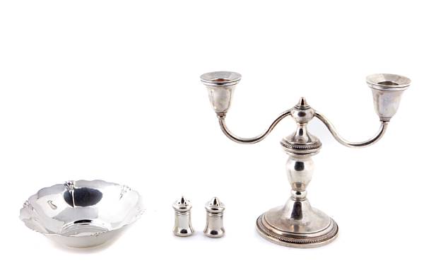 Appraisal: A sterling group Comprising a weighted pair of double candelabra