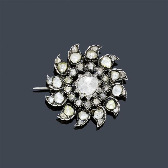 Appraisal: DIAMOND BROOCH ca th century Silver Very fancy flower-shaped brooch