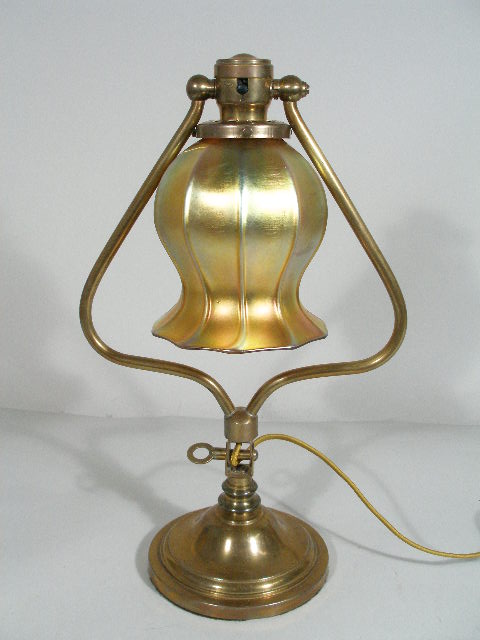 Appraisal: Desk Lamp With Signed Steuben Shade brass harp-form frame w