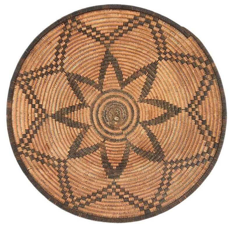 Appraisal: Apache Polychrome Decorated Coiled Basket Tray American Southwest early th