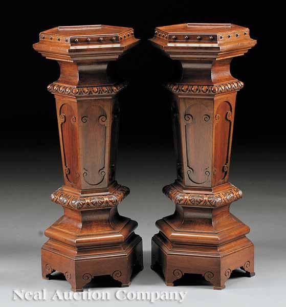 Appraisal: A Pair of Italian Carved Walnut Hexagonal Pedestals in the