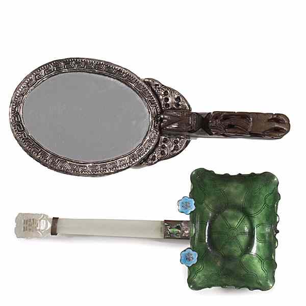 Appraisal: Chinese Ladle and Mirror th century a jade-handled ladle with