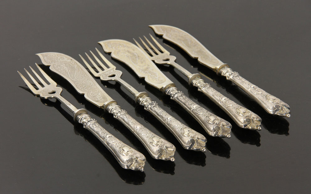 Appraisal: - French Silver Fish Set French fish set silver hallmarked