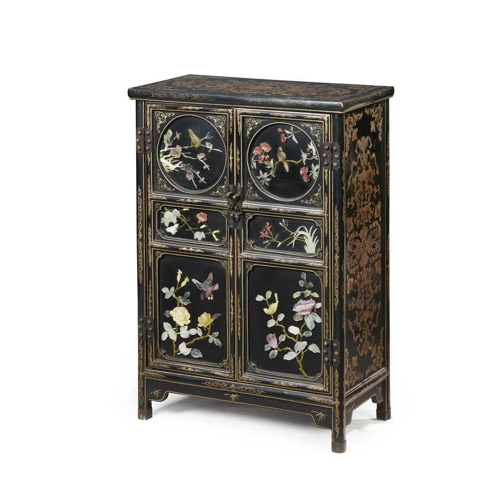 Appraisal: GILT-LACQUERED AND HARDSTONE-INLAID CABINET TH CENTURY the two hinged doors