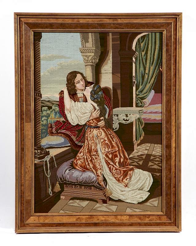 Appraisal: th c Petit point romantic scene framed x th c