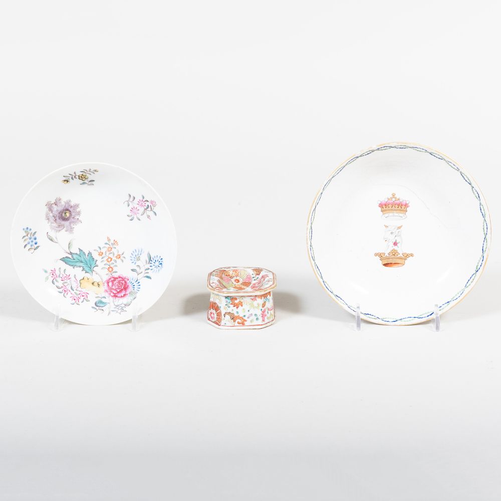 Appraisal: Chinese Export Porcelain Salt Cellar and Two Saucers The salt