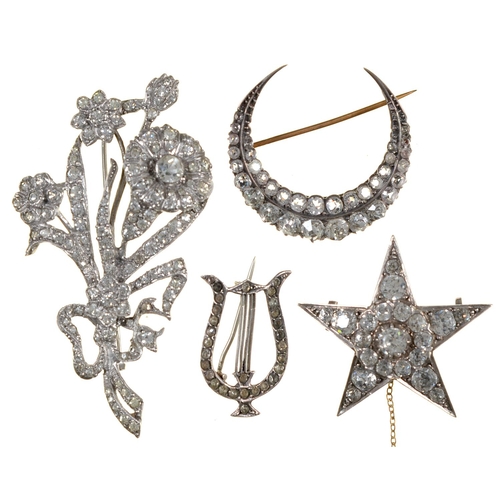 Appraisal: Four paste lyre crescent star and spray brooches th and