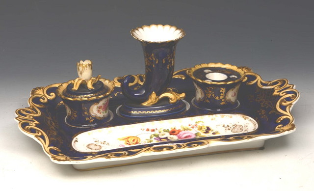 Appraisal: AN ENGLISH POSSIBLY COALPORT COBALT BLUE GROUND DESK STAND with