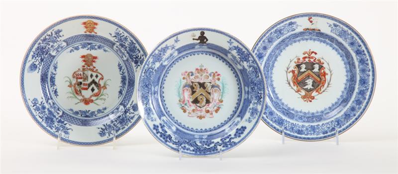 Appraisal: THREE CHINESE EXPORT BLUE AND WHITE ARMORIAL PORCELAIN PLATES Comprising