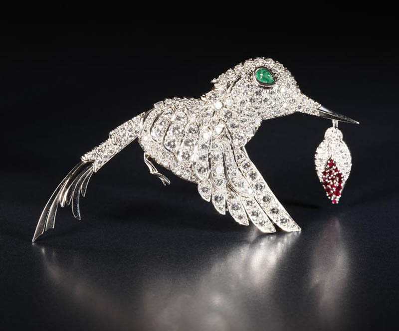 Appraisal: A diamond ruby and emerald hummingbird brooch A diamond ruby