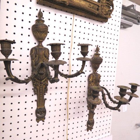 Appraisal: Pair of Bronzed Wall Sconces bow urn design triple sconces