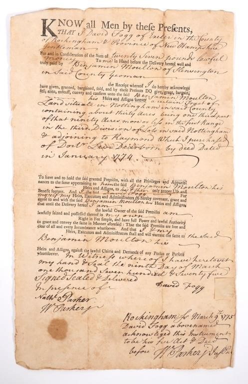 Appraisal: Scarce early American land deed dated January involving a plot