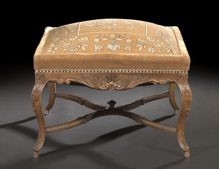 Appraisal: Provincial Louis XV-Style Fruitwood Stool the padded square top above