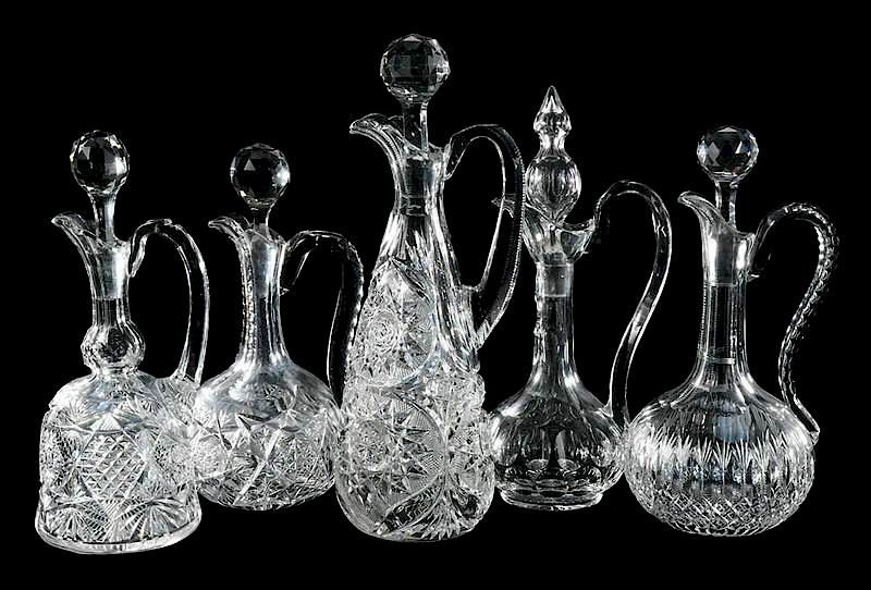 Appraisal: Five Cut Glass Handled Decanters five unmarked decanters by various