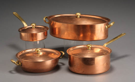 Appraisal: Swiss Copper and Brass Nine-Piece Cookware Set Spring th Century