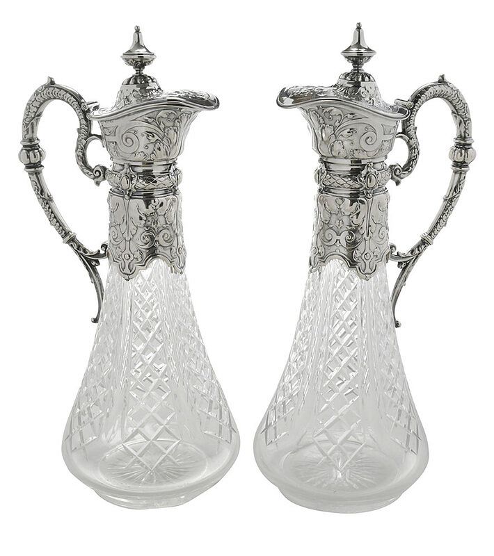 Appraisal: Pair of German Cut Glass Decanters with Silver Tops th