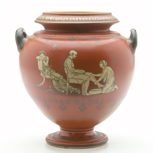 Appraisal: ROSEVILLE Rare Olympic footed two-handled vase Euryclea discovers Ulysses painted