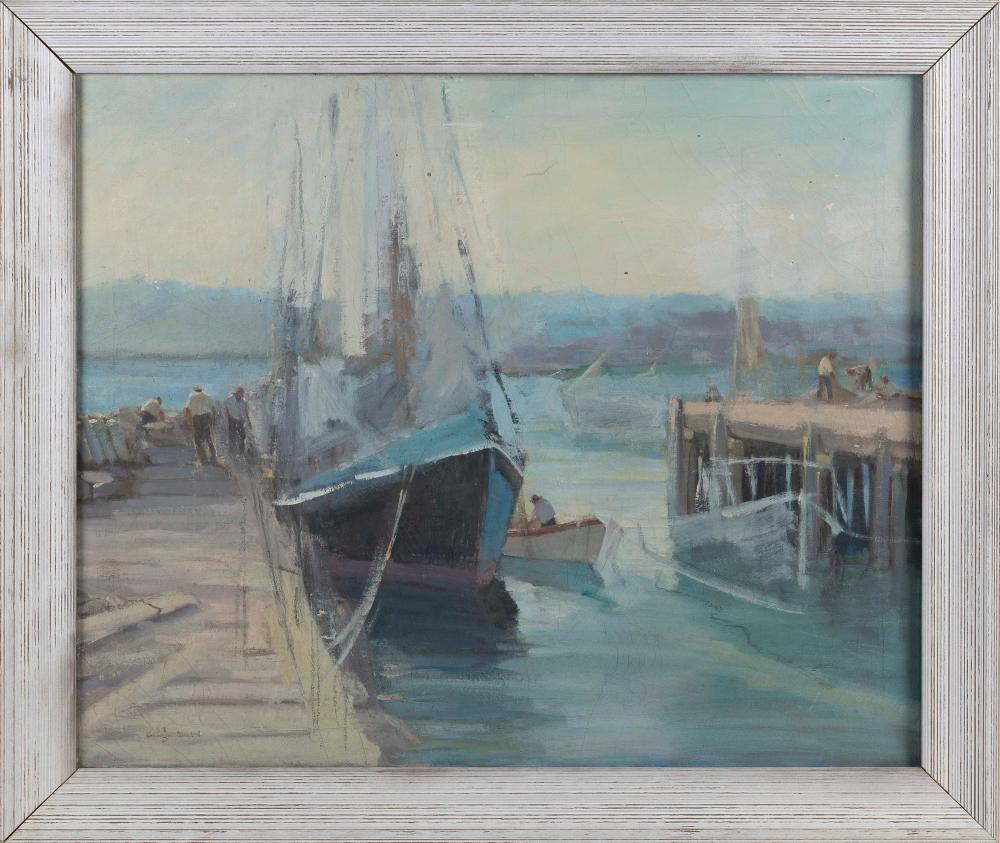 Appraisal: CAPE ANN SCHOOL TH CENTURY DOCK SCENE OIL ON CANVAS