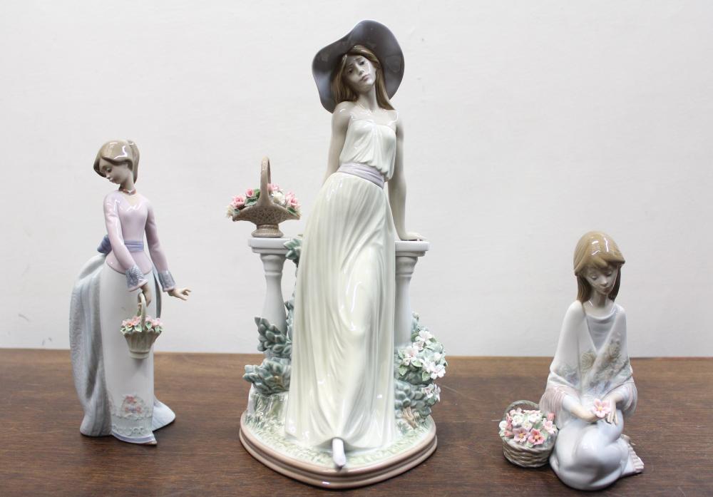 Appraisal: THREE LLADRO PORCELAIN FIGURINES Time for Reflection H Basket of