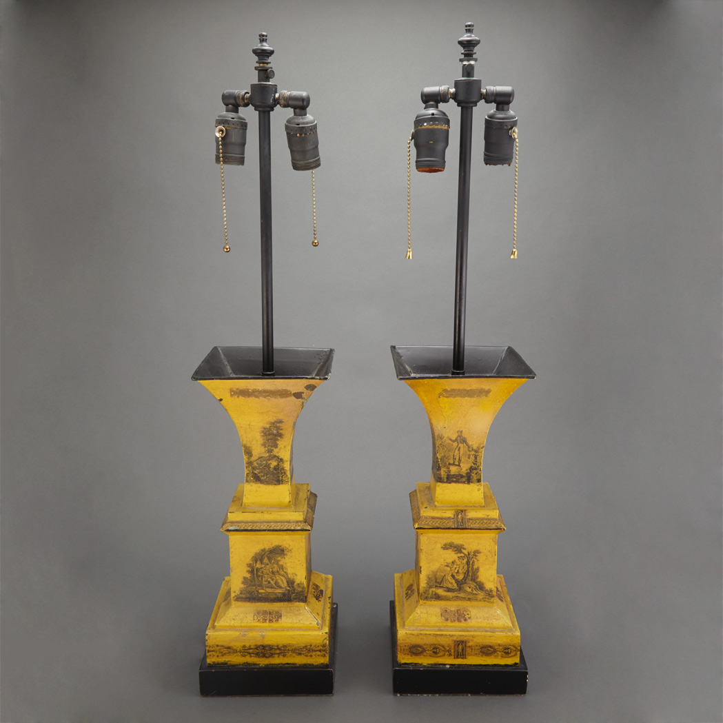 Appraisal: Pair of Directoire Style Yellow Painted Tole Vases Each mounted