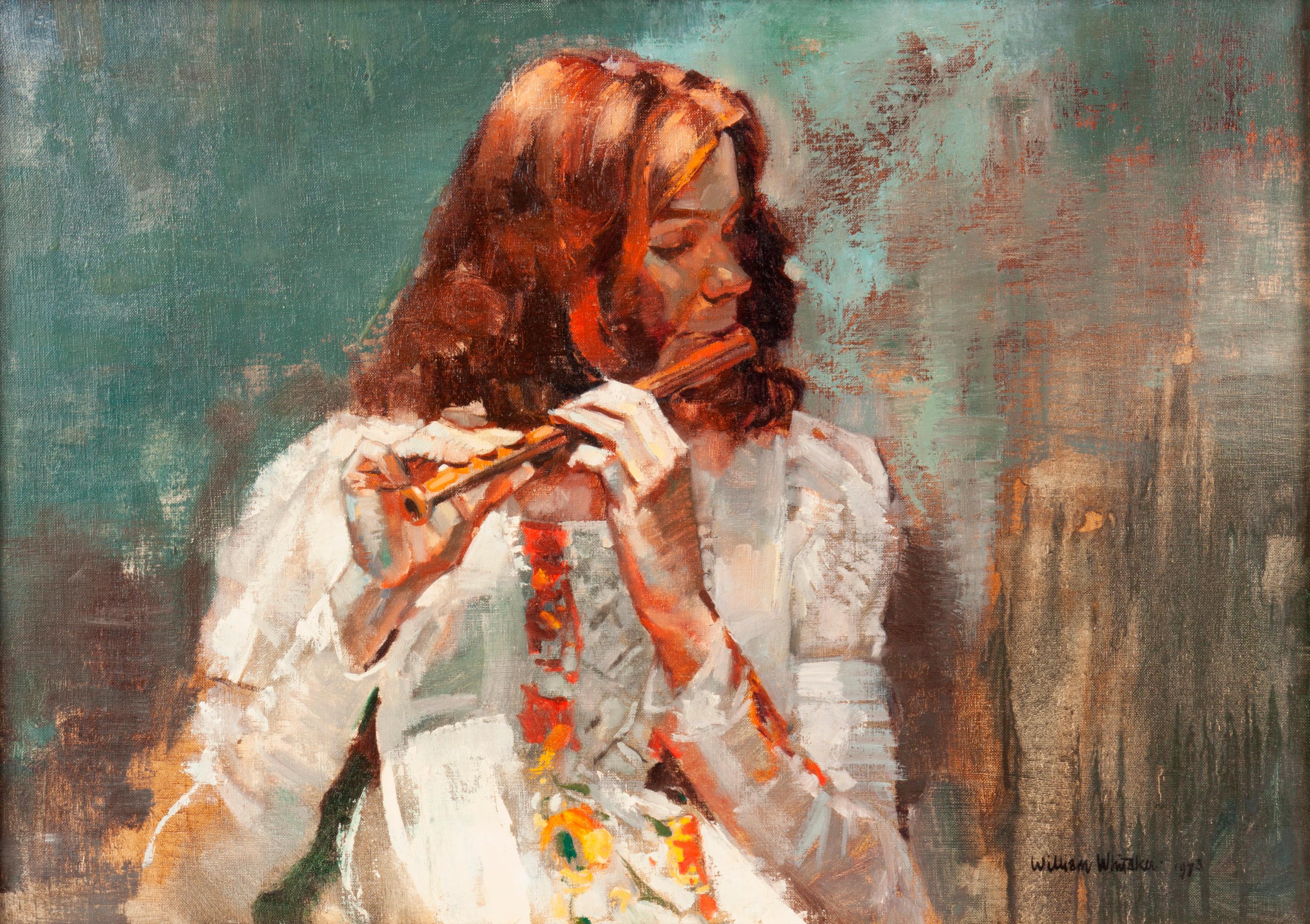 Appraisal: WILLIAM WHITAKER OIL ON CANVAS WOMAN PLAYING FLUTE William Whitaker